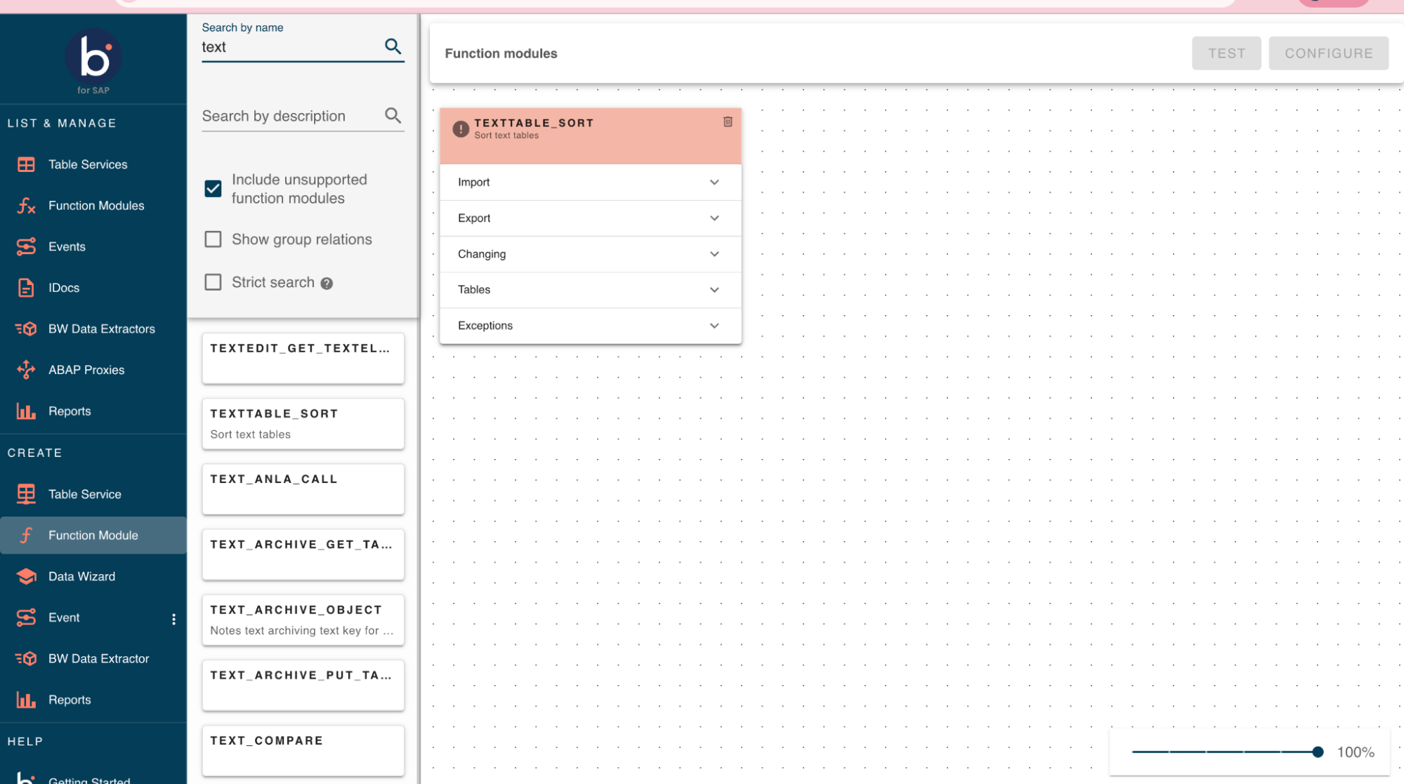 Unsupported function modules highlighted in red on canvas