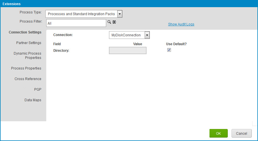 Extensions dialog, Connection Settings tab.