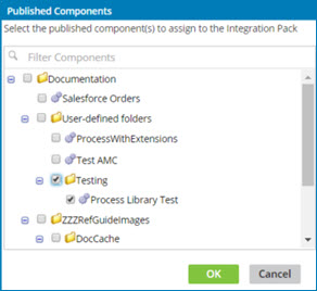 Dialog to select published components to assign to an Integration Pack.
