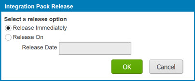 Integration Pack Release dialog with release schedule options set.