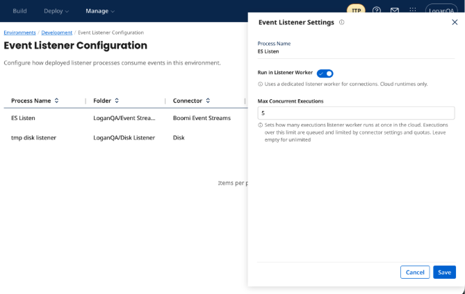 Event listener configuration settings