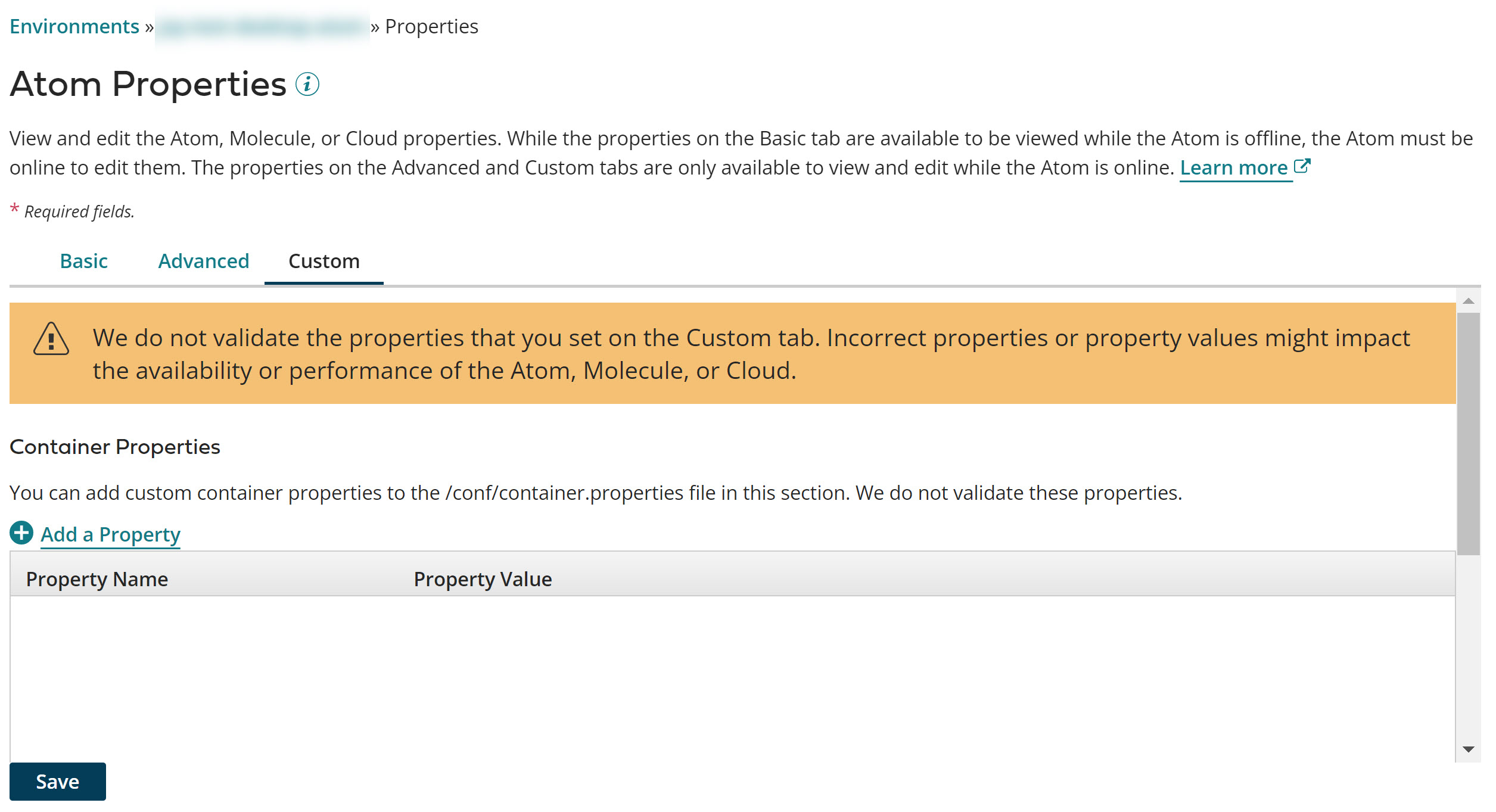 The Properties panel, Custom tab in the Boomi Enterprise Platform