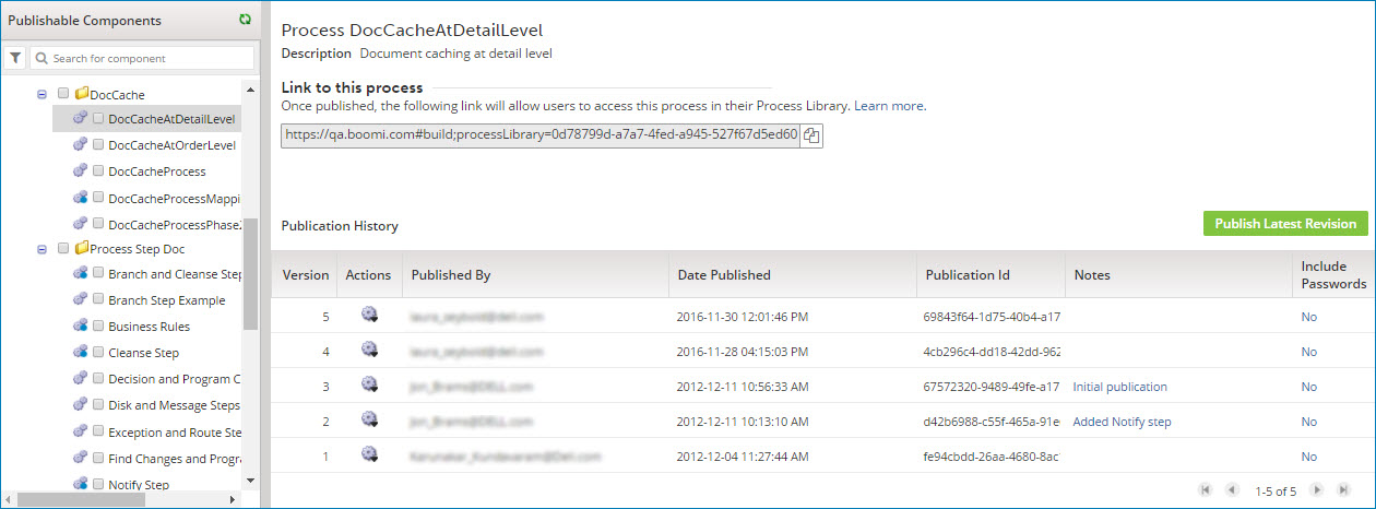 Dialog showing publication history