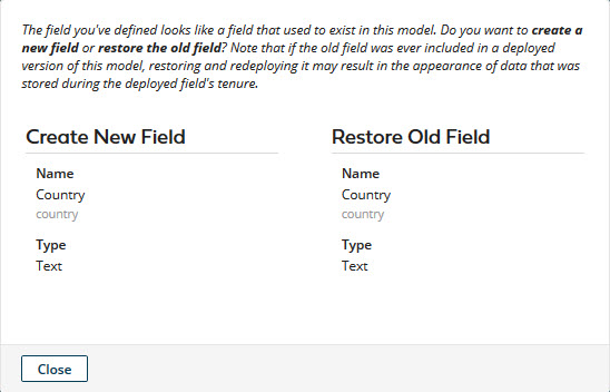 Dialog used to choose between creating a field or field group or restoring a field