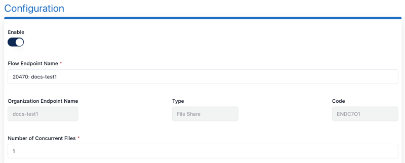 screenshot of the flow endpoint UI, showing the concurrency settings in the configuration section
