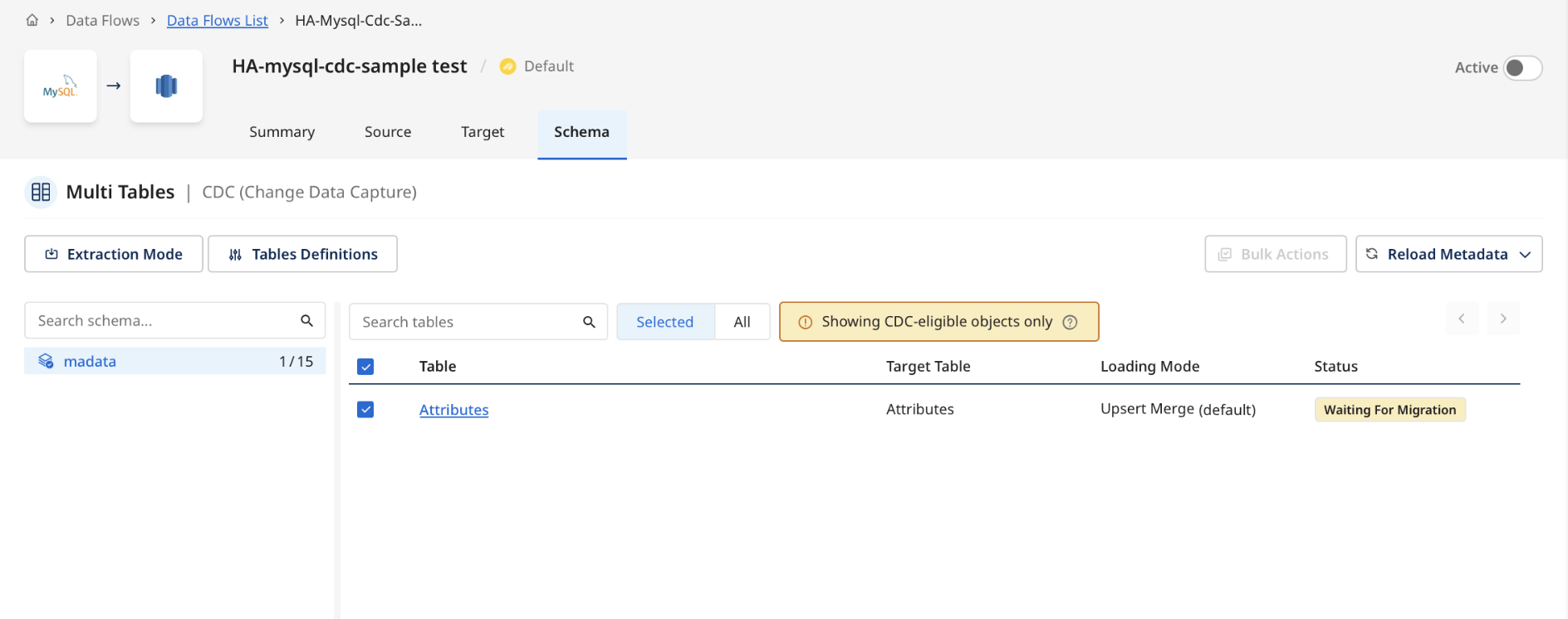 Schema tab showing the Multi Tables CDC table list with a table in Waiting For Migration status