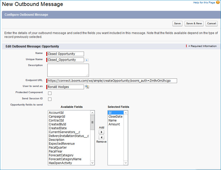 Configure Outbound Message panel.