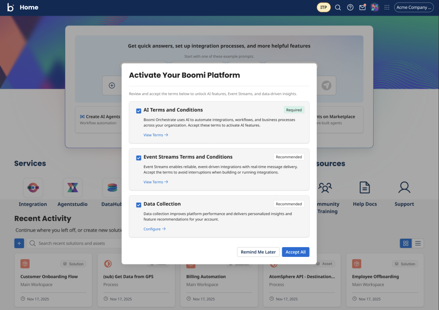 Activate Your Boomi Platform modal showing the AI Terms and Conditions, Event Streams Terms and Conditions, and Data Collection checklist items with Remind Me Later and Accept All buttons