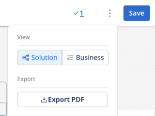 More options menu showing View options for Solution and Business, and Export PDF option