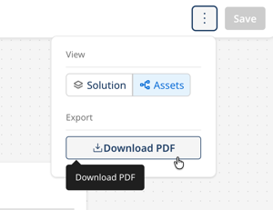 More options menu in the solution canvas toolbar showing PDF option