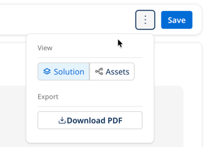 More options menu showing the View toggle between Solution and Assets, and an Export section with a Download PDF button