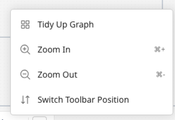 Solution view toolbar dropdown menu showing Tidy Up Graph, Zoom In, Zoom Out, and Switch Toolbar Position options