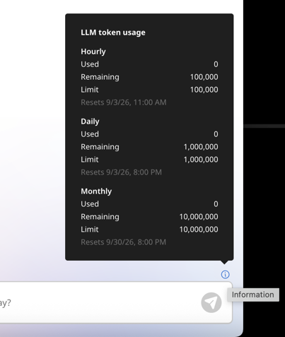 Information icon expanded showing LLM token usage data