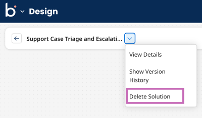 drop-down in Design screen with Delete Solution highlighed