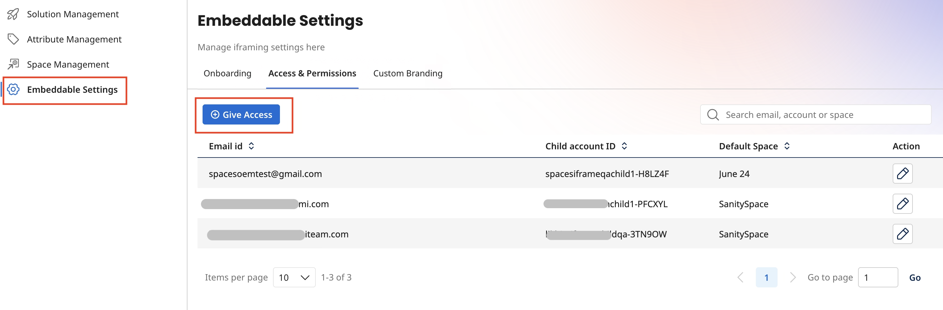 Embeddable Settings Access and Permissions