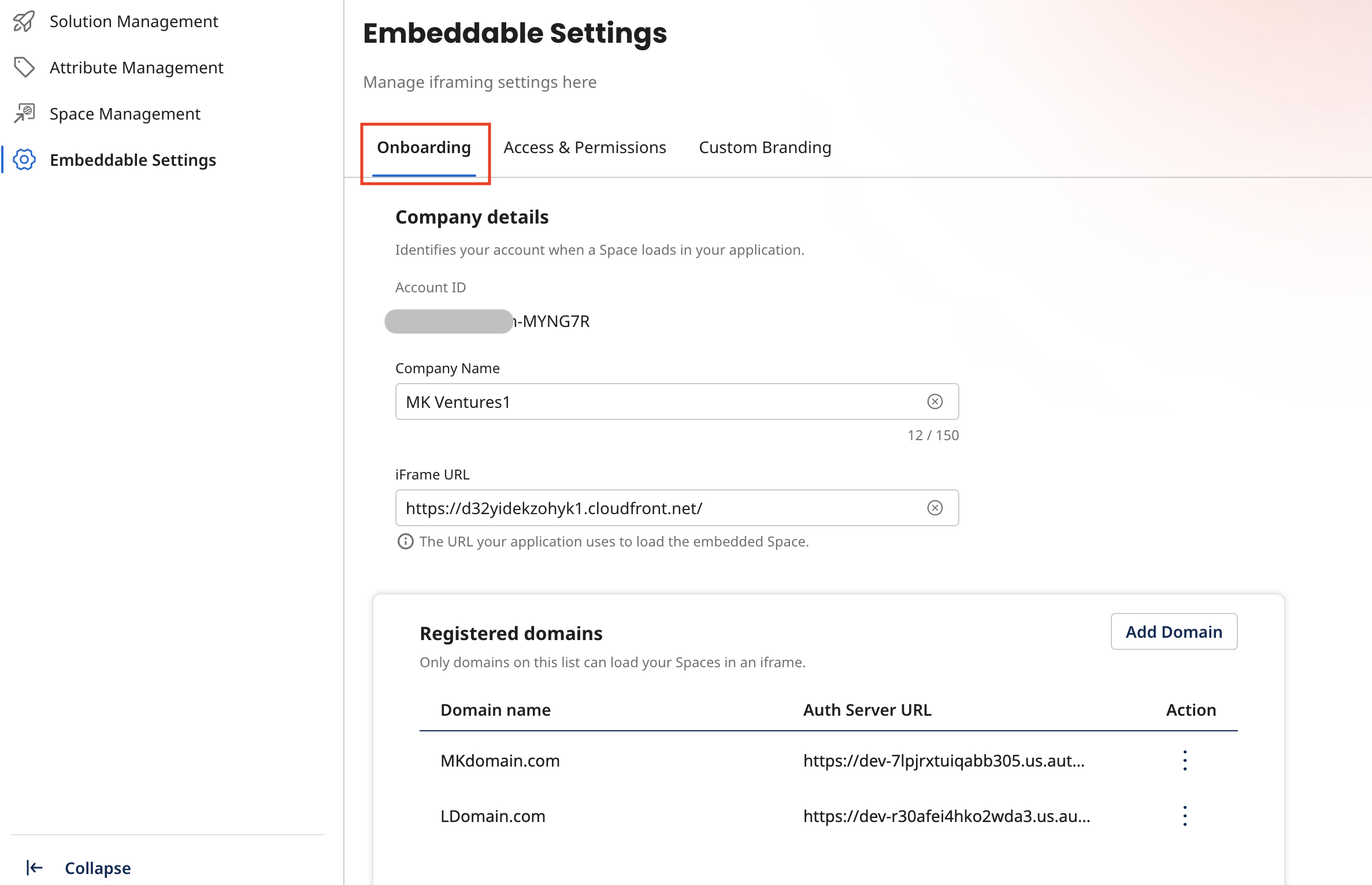 Embeddable Settings Onboarding