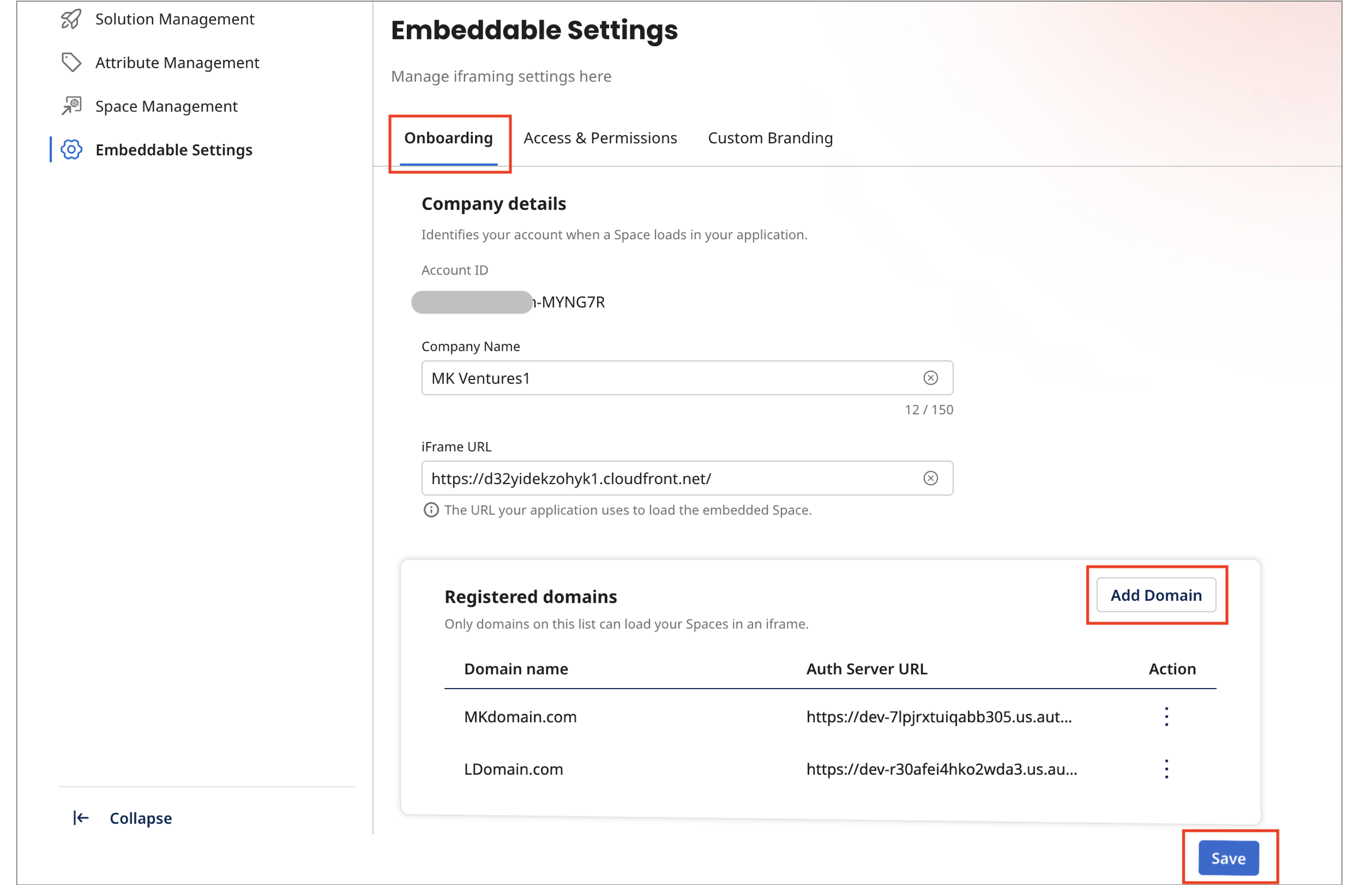 Embeddable Settings Onboarding