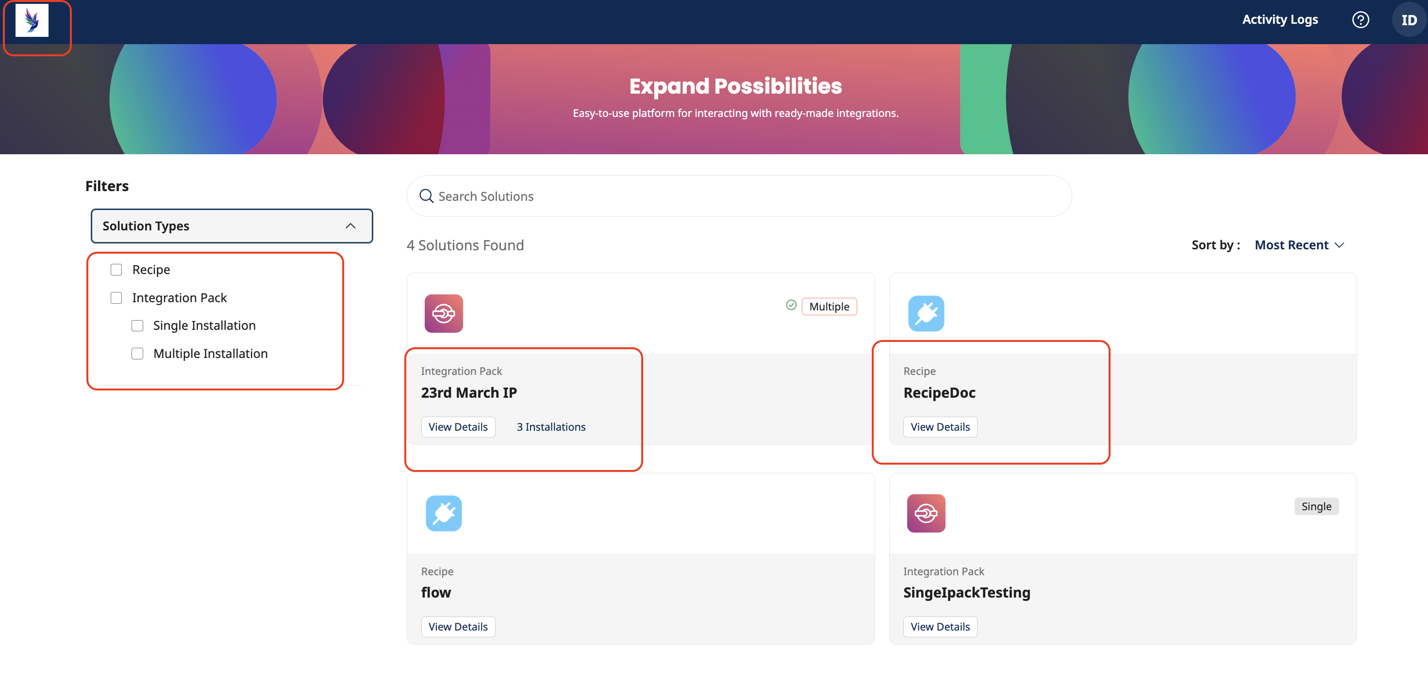 User Space portal browsing integration packs